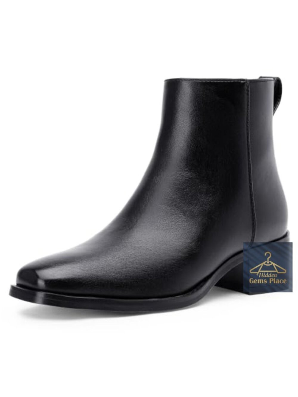 Square Toe Ankle Boots Low Block Heel Booties Side Zipper Faux Leather